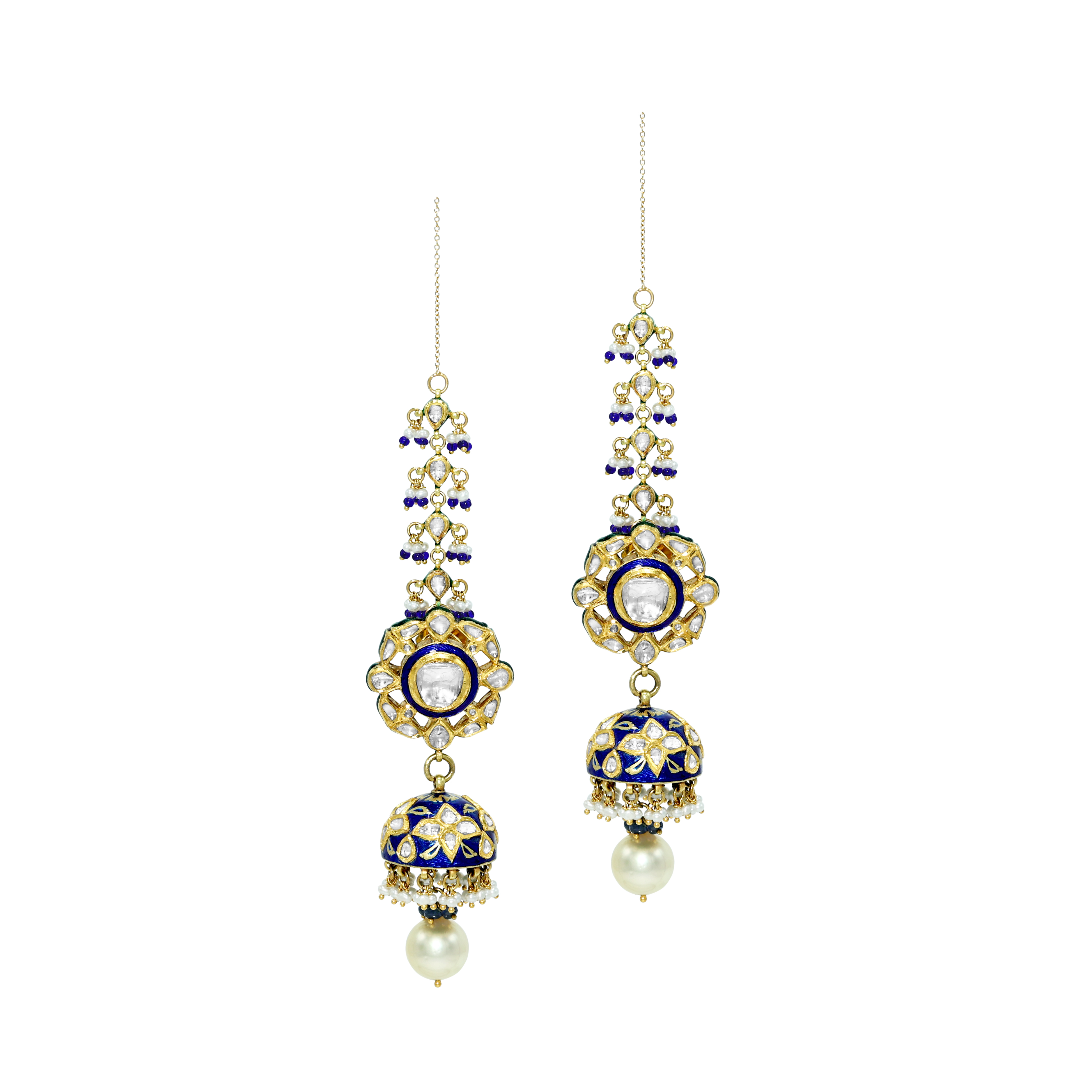 Blue Meenakari Jhumki Earrings with Polki and Pearl Drops